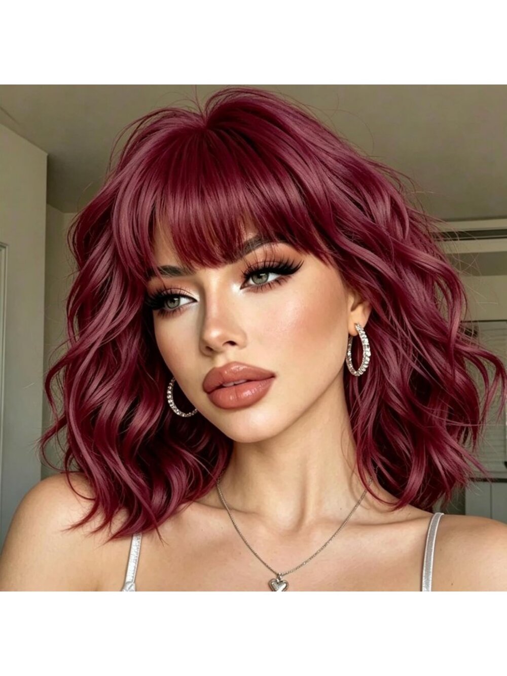 14Inch Women's Burgundy Short Bob Shoulder Length Wavy Synthetic Wigs With Bangs